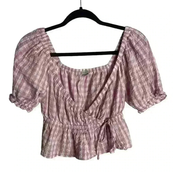 American Eagle Size Xs Wrap Babydoll Blouse Checkered Pink Cottage Linen Peasant - Picture 8 of 8